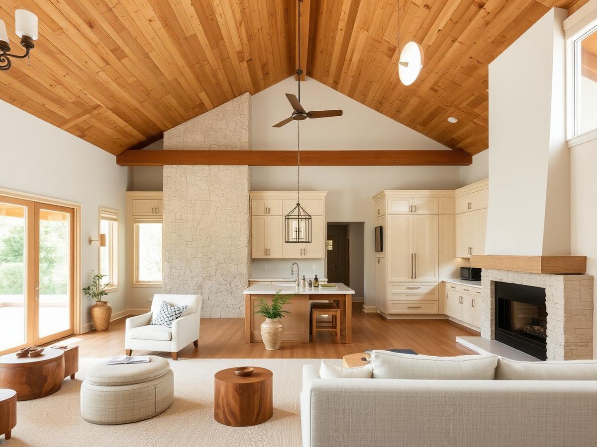 A warm contemporary Hill Country home organized around a vaulted living room and shaded outdoor space.
