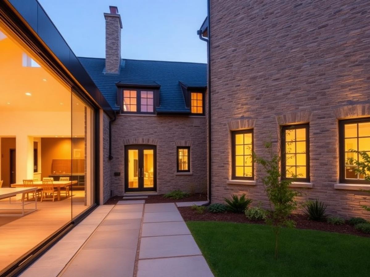 A new living wing joined to an existing stone home through a deliberately light glazed link.